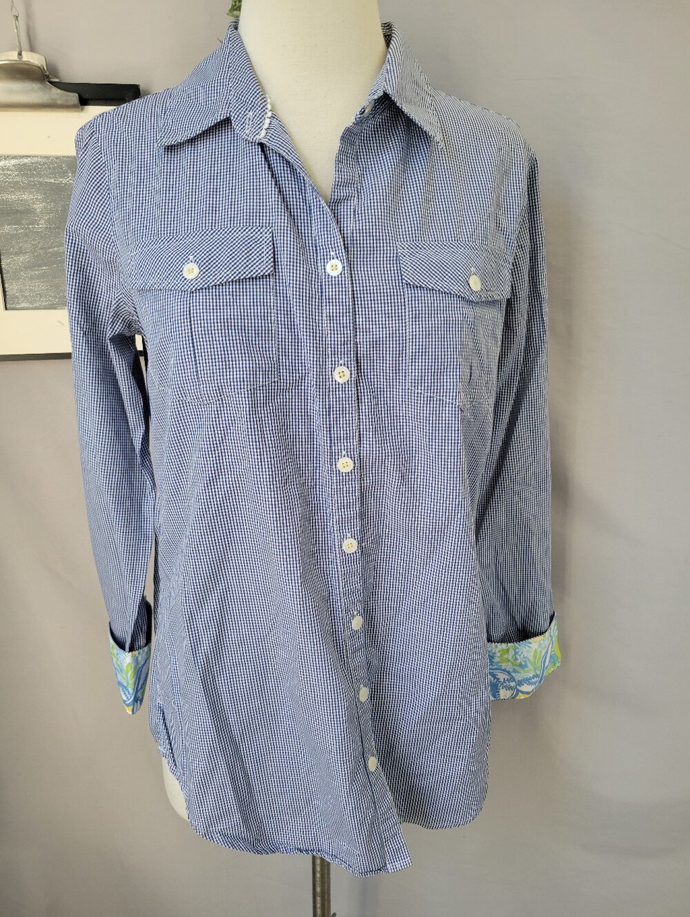 Lilly Pulitzer Resort Fit Gingham Checked Button Up Shirt Blue White S